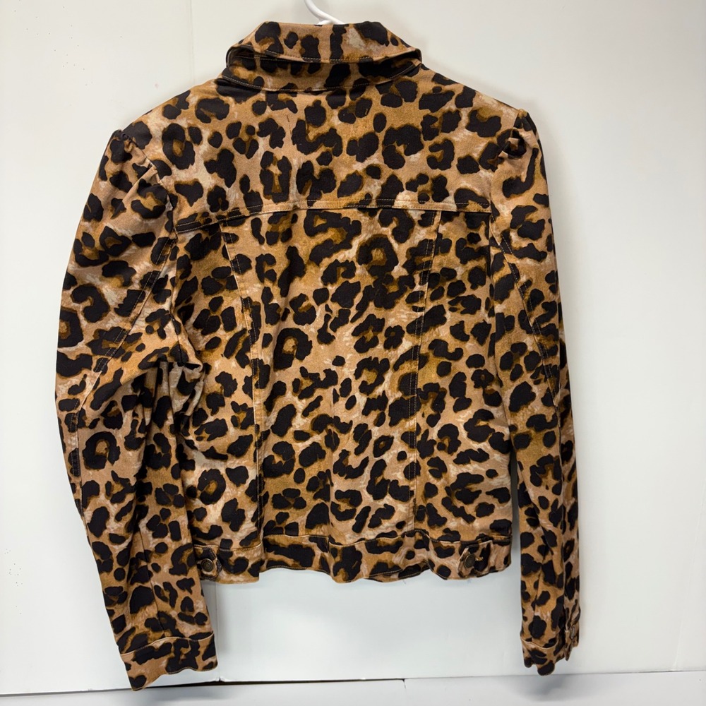 Boston Proper Leopard Print Denim Jacket Womens Large Brown Puff Sleeve Trucker - Picture 4 of 6